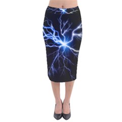 Blue Electric Thunder Storm, Colorful Lightning Graphic Velvet Midi Pencil Skirt by picsaspassion