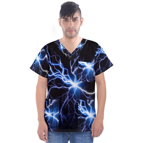 Blue Electric Thunder Storm, Colorful Lightning Graphic Men s V-neck Scrub Top by picsaspassion