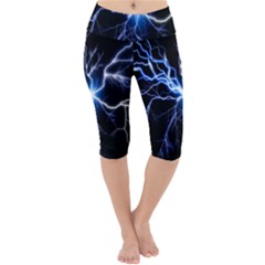 Blue Electric Thunder Storm, Colorful Lightning Graphic Lightweight Velour Cropped Yoga Leggings