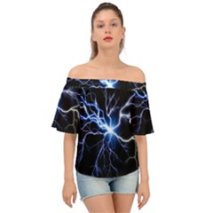 Blue Electric Thunder Storm, Colorful Lightning Graphic Off Shoulder Short Sleeve Top by picsaspassion