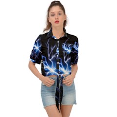 Blue Electric Thunder Storm, Colorful Lightning Graphic Tie Front Shirt 