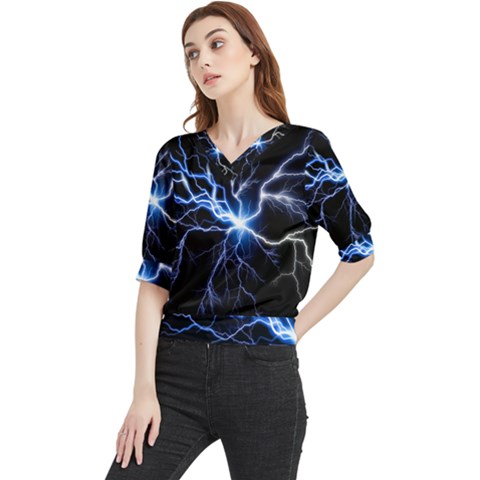 Blue Electric Thunder Storm, Colorful Lightning Graphic Quarter Sleeve Blouse by picsaspassion