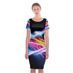 Colorful Neon Light Rays, Rainbow Colors Graphic Art Classic Short Sleeve Midi Dress by picsaspassion