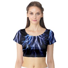 Blue Lightning At Night, Modern Graphic Art  Short Sleeve Crop Top by picsaspassion