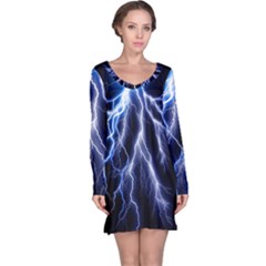 Blue Lightning At Night, Modern Graphic Art  Long Sleeve Nightdress by picsaspassion