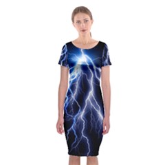 Blue Lightning At Night, Modern Graphic Art  Classic Short Sleeve Midi Dress by picsaspassion