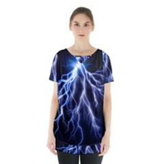 Blue Lightning At Night, Modern Graphic Art  Skirt Hem Sports Top by picsaspassion