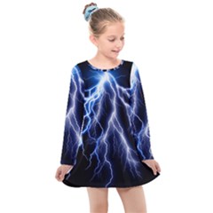 Blue Lightning At Night, Modern Graphic Art  Kids  Long Sleeve Dress by picsaspassion