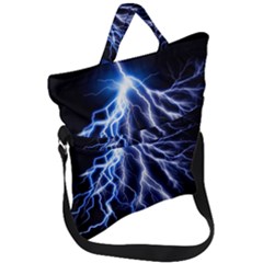 Blue Lightning At Night, Modern Graphic Art  Fold Over Handle Tote Bag by picsaspassion