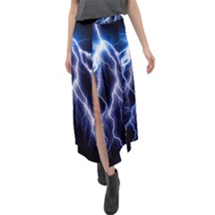 Blue Lightning At Night, Modern Graphic Art  Velour Split Maxi Skirt by picsaspassion