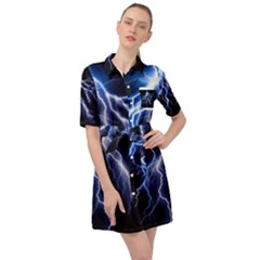 Blue Lightning At Night, Modern Graphic Art  Belted Shirt Dress by picsaspassion