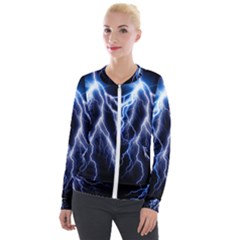 Blue Lightning At Night, Modern Graphic Art  Velvet Zip Up Jacket by picsaspassion