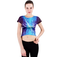 Blue Lightning Thunder At Night, Graphic Art 3 Crew Neck Crop Top by picsaspassion