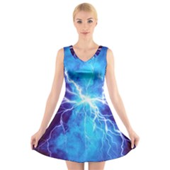 Blue Lightning Thunder At Night, Graphic Art 3 V-neck Sleeveless Dress