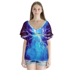 Blue Lightning Thunder At Night, Graphic Art 3 V-neck Flutter Sleeve Top by picsaspassion