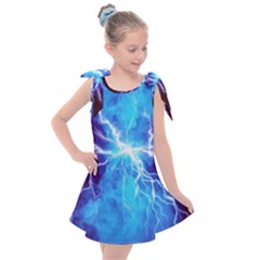 Blue Lightning Thunder At Night, Graphic Art 3 Kids  Tie Up Tunic Dress by picsaspassion