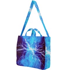 Blue Lightning Thunder At Night, Graphic Art 3 Square Shoulder Tote Bag