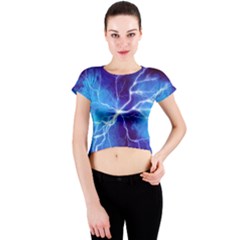 Blue Thunder Lightning At Night, Graphic Art Crew Neck Crop Top by picsaspassion