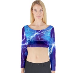 Blue Thunder Lightning At Night, Graphic Art Long Sleeve Crop Top by picsaspassion