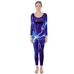 Blue Thunder Lightning At Night, Graphic Art Long Sleeve Catsuit by picsaspassion