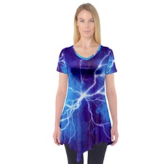 Blue Thunder Lightning At Night, Graphic Art Short Sleeve Tunic  by picsaspassion