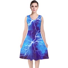 Blue Thunder Lightning At Night, Graphic Art V-neck Midi Sleeveless Dress  by picsaspassion