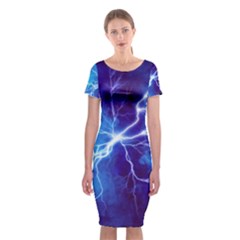 Blue Thunder Lightning At Night, Graphic Art Classic Short Sleeve Midi Dress by picsaspassion