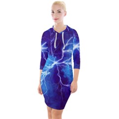 Blue Thunder Lightning At Night, Graphic Art Quarter Sleeve Hood Bodycon Dress by picsaspassion