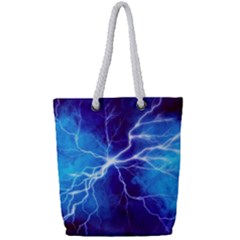 Blue Thunder Lightning At Night, Graphic Art Full Print Rope Handle Tote (small) by picsaspassion