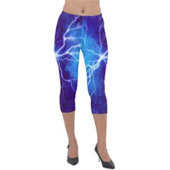 Blue Thunder Lightning At Night, Graphic Art Lightweight Velour Capri Leggings  by picsaspassion