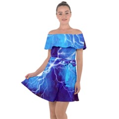 Blue Thunder Lightning At Night, Graphic Art Off Shoulder Velour Dress by picsaspassion