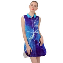Blue Thunder Lightning At Night, Graphic Art Sleeveless Shirt Dress by picsaspassion