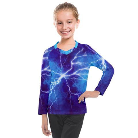 Blue Thunder Lightning At Night, Graphic Art Kids  Long Mesh Tee by picsaspassion