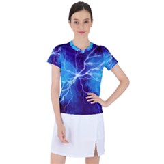 Blue Thunder Lightning At Night, Graphic Art Women s Sports Top by picsaspassion