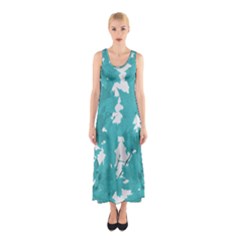 Blue Autumn Maple Leaves Collage, Graphic Design Sleeveless Maxi Dress by picsaspassion