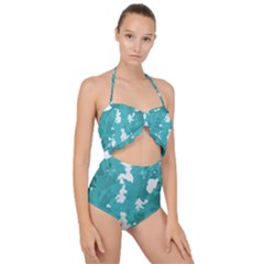 Blue Autumn Maple Leaves Collage, Graphic Design Scallop Top Cut Out Swimsuit