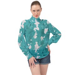 Blue Autumn Maple Leaves Collage, Graphic Design High Neck Long Sleeve Chiffon Top by picsaspassion