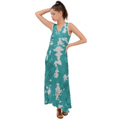 Blue Autumn Maple Leaves Collage, Graphic Design V-neck Chiffon Maxi Dress