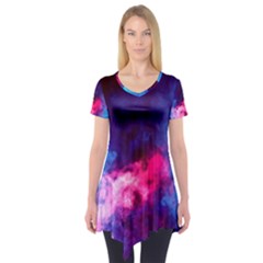 Colorful Pink And Blue Disco Smoke - Mist, Digital Art Short Sleeve Tunic  by picsaspassion