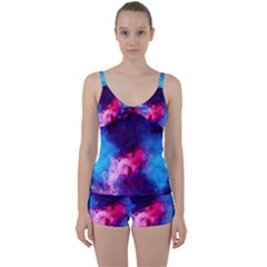 Colorful Pink And Blue Disco Smoke - Mist, Digital Art Tie Front Two Piece Tankini by picsaspassion