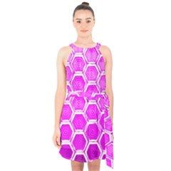 Hexagon Windows Halter Collar Waist Tie Chiffon Dress