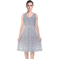 Modern Ornate Geometric Silver Pattern V-Neck Midi Sleeveless Dress 
