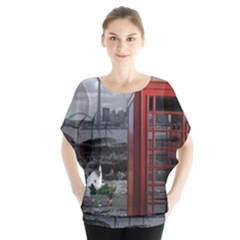 London Calling With Classic British Phonebooth - Bw & Color From Fonebook Batwing Chiffon Blouse