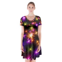 Star Colorful Christmas Abstract Short Sleeve V-neck Flare Dress