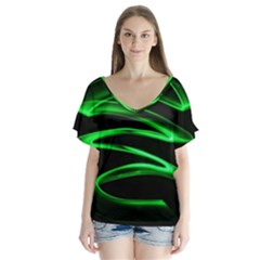 Green Light Painting Zig-zag V-neck Flutter Sleeve Top