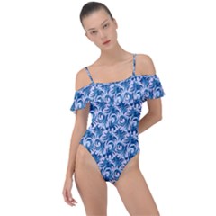 Blue Pattern Scrapbook Frill Detail One Piece Swimsuit