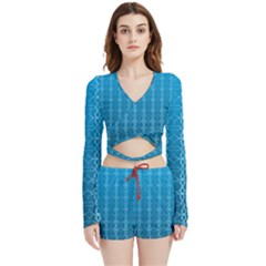 Background Texture Pattern Blue Velvet Wrap Crop Top And Shorts Set