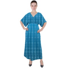 Background Texture Pattern Blue V-neck Boho Style Maxi Dress by Dutashop