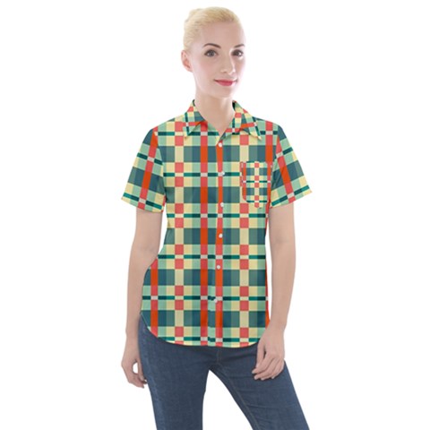 Texture Plaid Women s Short Sleeve Pocket Shirt by Dutashop