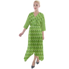 Green Pattern Ornate Background Quarter Sleeve Wrap Front Maxi Dress by Dutashop